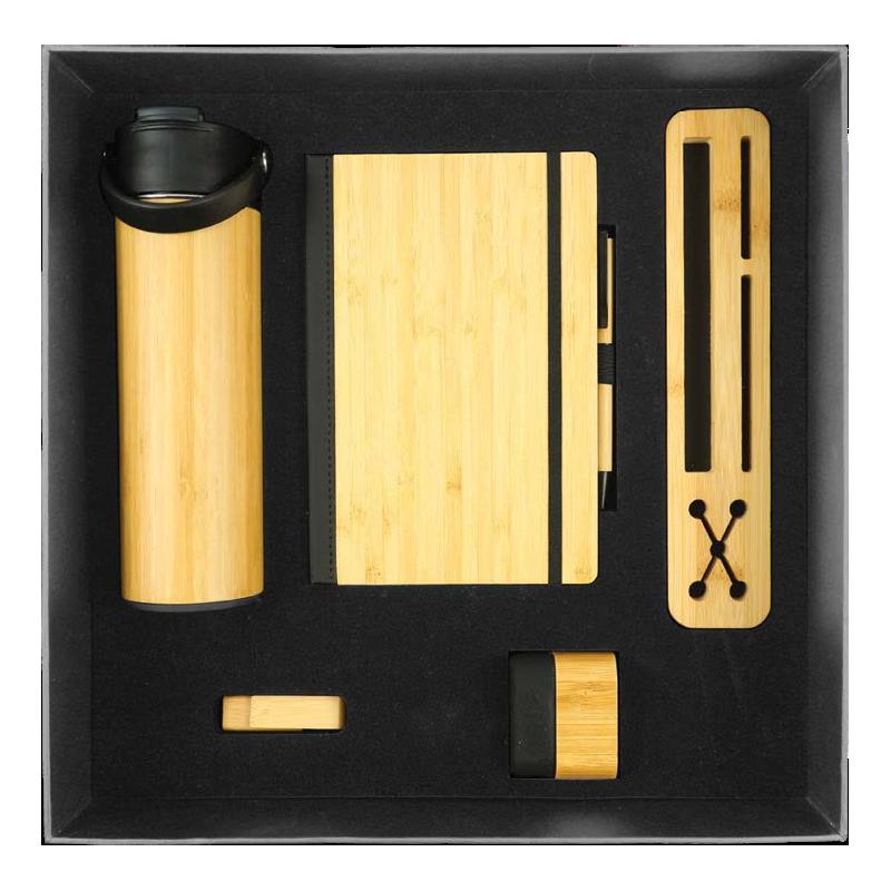 Black Cardboard Gift Box With Bamboo Notebook, Bamboo Pen, Bamboo Bottle & Bamboo USB Flash Drive